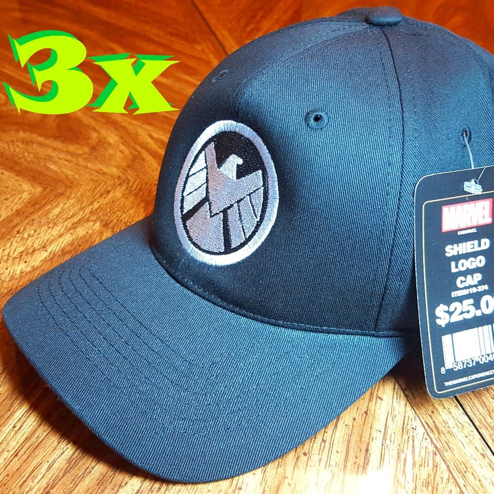 (3x) MARVEL SHIELD LOGO BLACK CAPS - Adjustable Size - THREE Hat Bundle